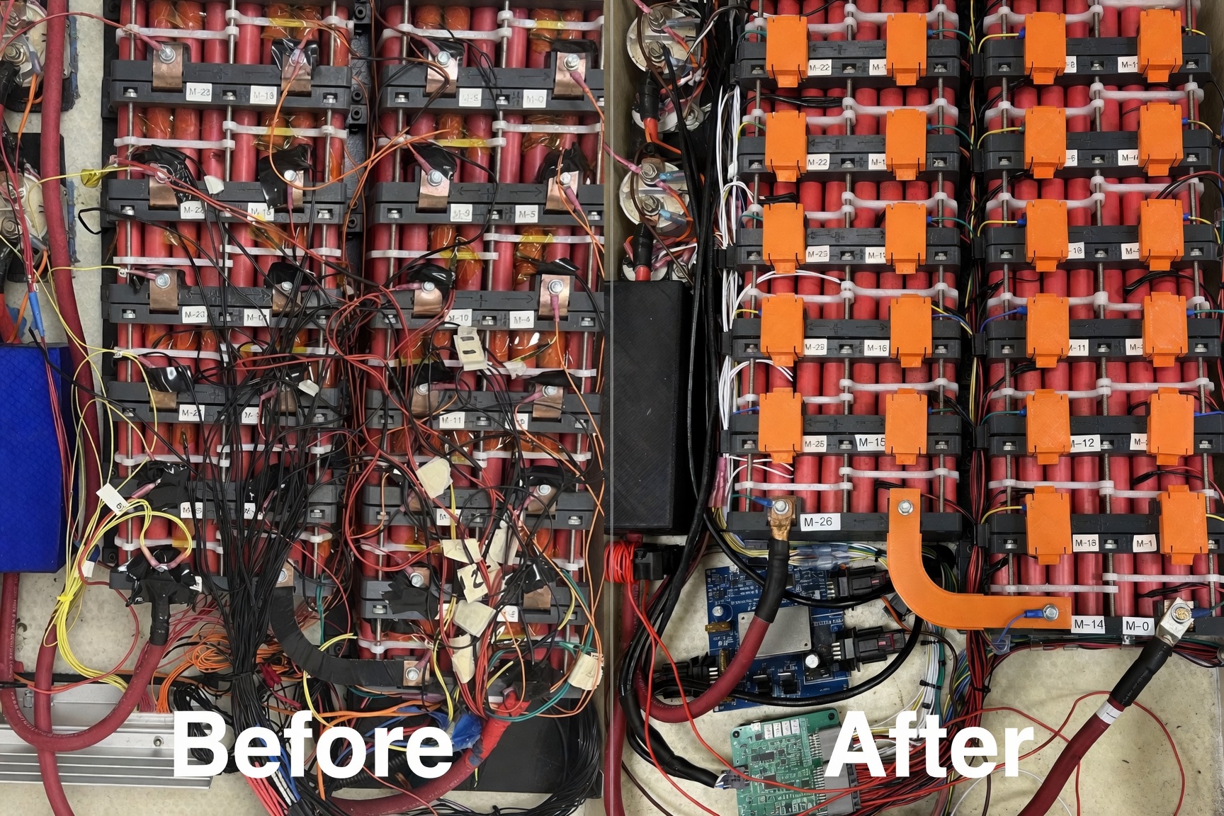 Battery pack before and after installing custom 3D-printed copper tab insulation covers